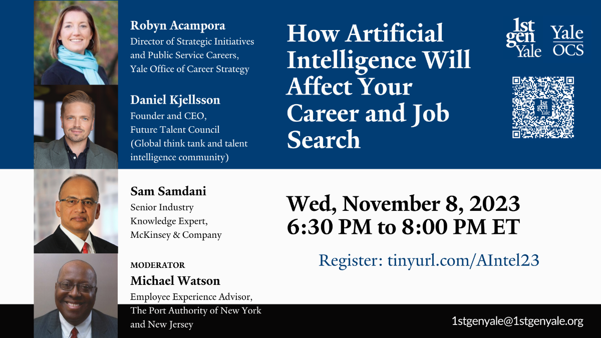 Invitation graphic showing names of panelists and date and time